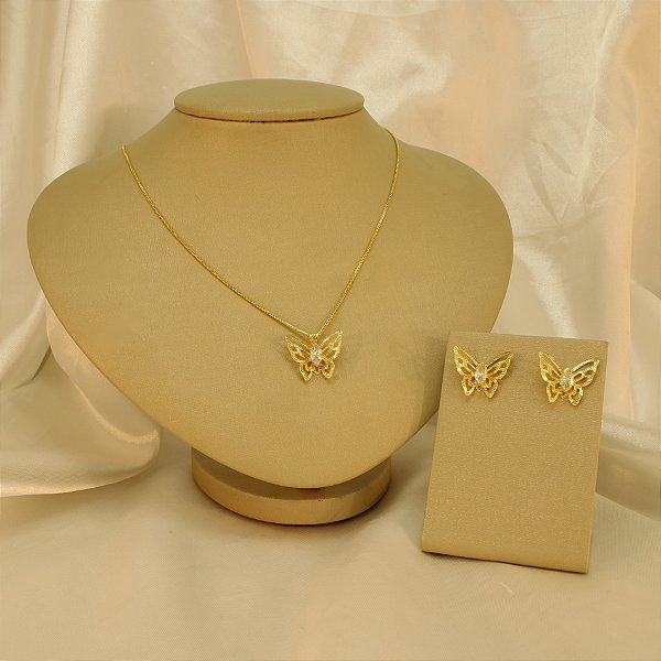 Conjunto Borboleta com Zircônia Folheado a Ouro 18k