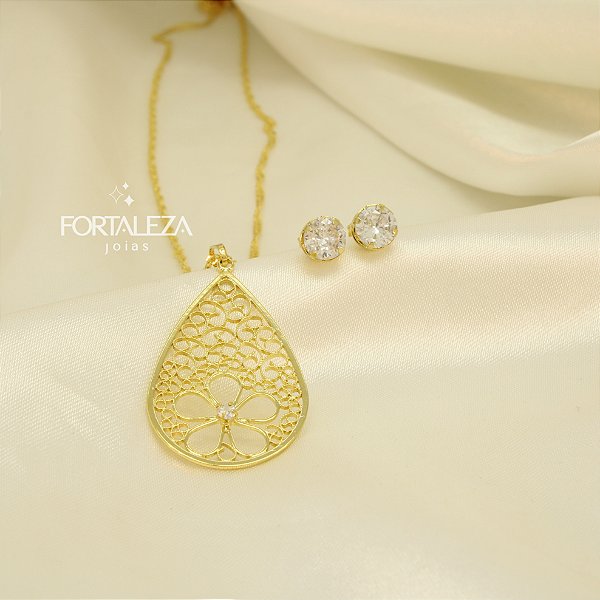 Conjunto Gota Trabalhada com Flor Banhado a Ouro 18k