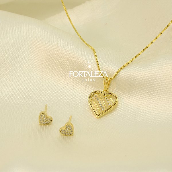 Conjunto Coração com Zircônia Cravejada Banhado a Ouro 18k