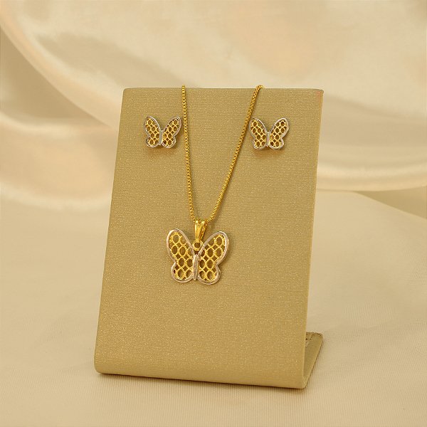 Conjunto com Design de Borboleta Banhado a Ródio e Ouro 18k
