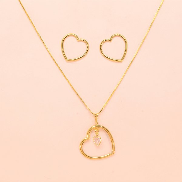 Conjunto Coração Vazado com Zircônia Folheado a Ouro 18k