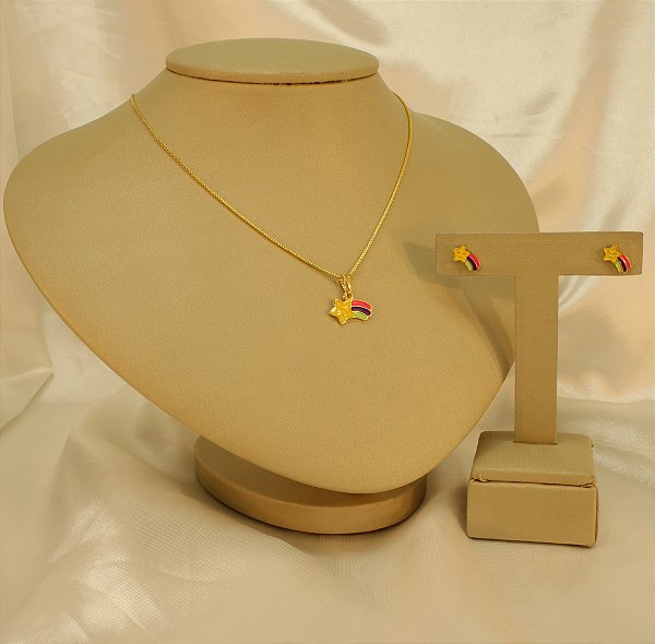 Conjunto Estrelinha e Arco Irís Folheado a Ouro 18k