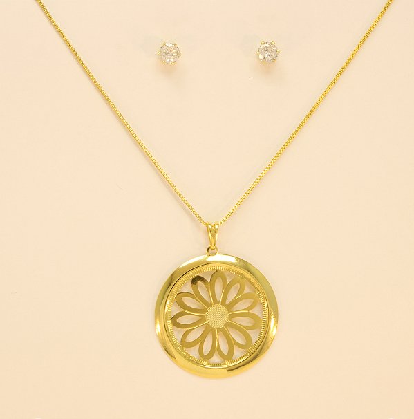 Conjunto com Flor Trabalhada Folheado a Ouro 18k