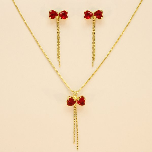 Conjunto Laço com Zircônia Folheado a Ouro 18k