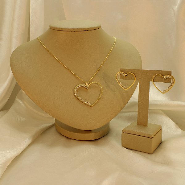 Conjunto Coração Vazado com Zircônia Banhado a Ouro 18k