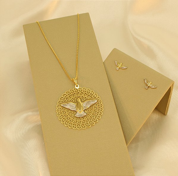 Conjunto Divino Espírito Santo Folheado a Ródio e Ouro 18k