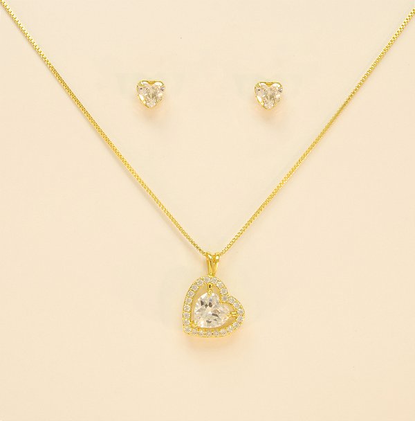 Conjunto Coração Cravejado em Zircônia Folheado a Ouro 18k