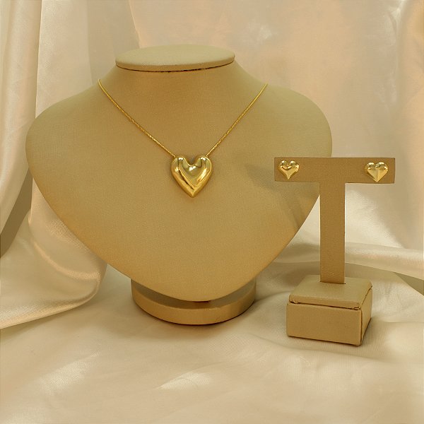 Conjunto com Design de Coração Polido Folheado a Ouro 18k