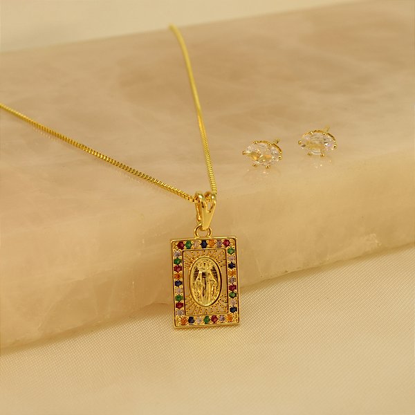 Conjunto Nossa Senhora das Graças Folheado a Ouro 18k