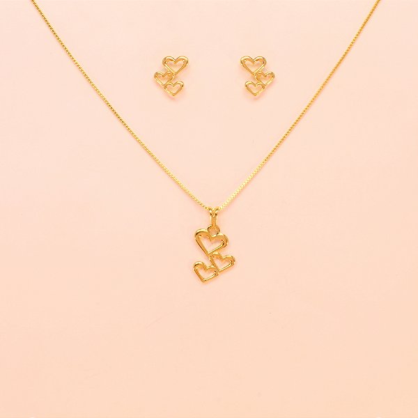 Conjunto Corações Vazados Folheado a Ouro 18k