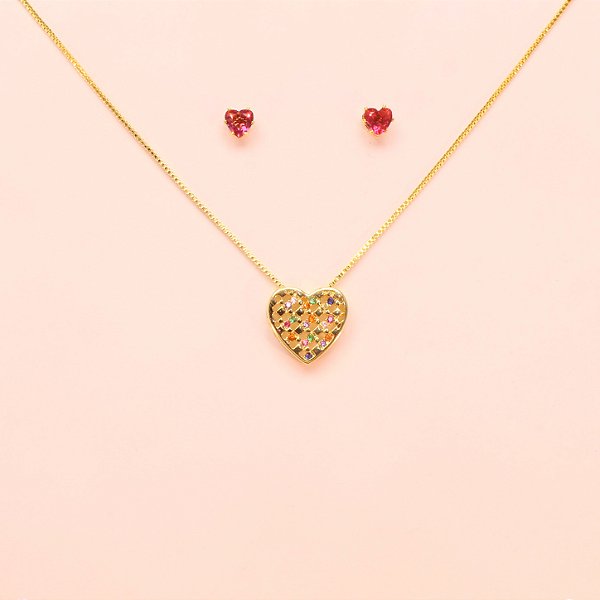 Conjunto Coração com Detalhe em Zircônia Folheado a Ouro 18k