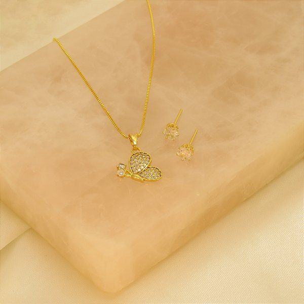 Conjunto de Borboleta Cravejado Folheado a Ouro 18k