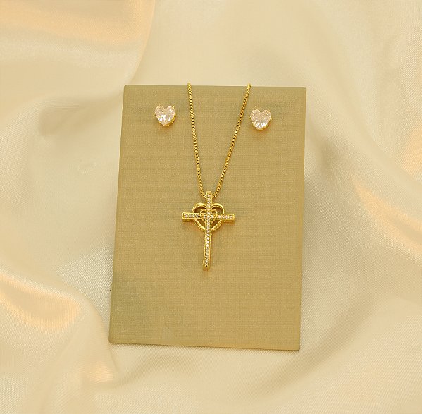 Conjunto Cruz  Cravejado em Zircônia Folheado a Ouro 18k