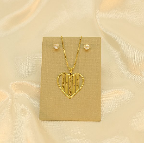 Conjunto Escrito Gratidão Paz e Fé Banhado a Ouro 18k