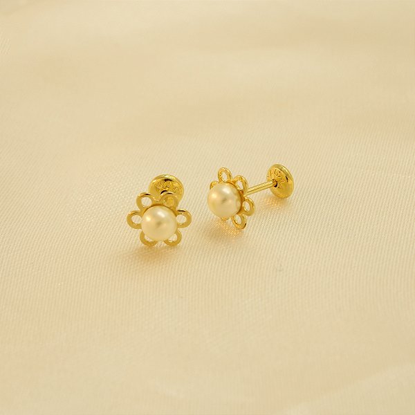 Brinco de Flor com Pérola Folheado a Ouro 18k