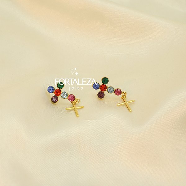 Brinco com Design de Cruz com Zircônias Banhado a Ouro 18k