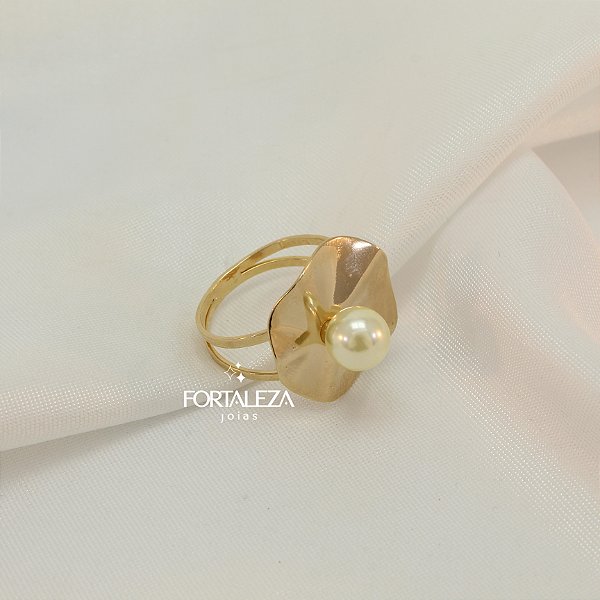 Anel de Flor Orgânica e Pérola Banhado a Ouro 18k
