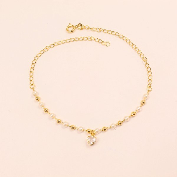 Tornozeleira de Pérola e Bolinha Folheado a Ouro 18k