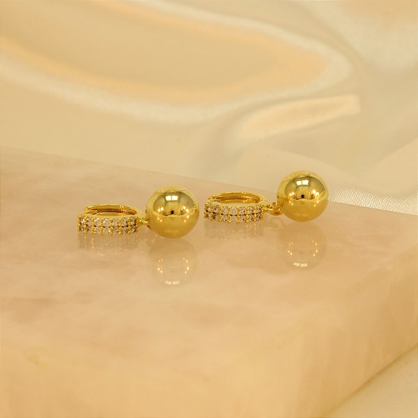 Brinco Argola com Bolinha Cravejado Banhado a Ouro 18k