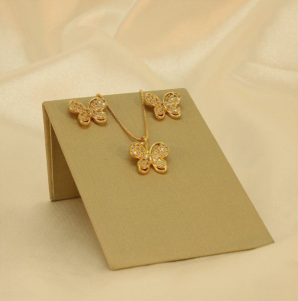Conjunto de Borboleta Cravejado Folheado a Ouro 18k