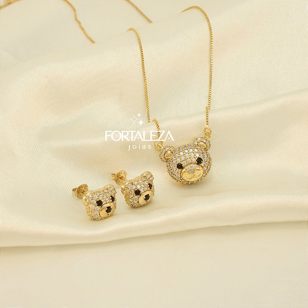 Conjunto de Ursinho Cravejado Banhado a Ouro 18k