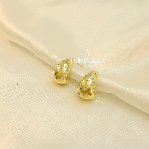 Brinco Gota com Zircônia em Cristal Banhado a Ouro 18k