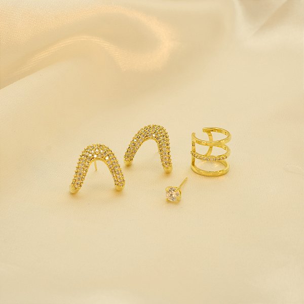 Brinco Cravejado Kit Folheado a Ouro 18k