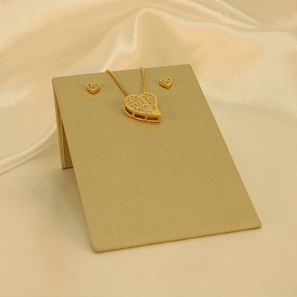Conjunto de Coração Cravejado em Zircônia Banhado a Ouro 18k