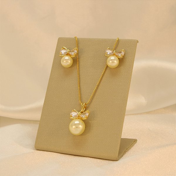 Conjunto de Laço com Pérola e Zircônia Banhado a Ouro 18k