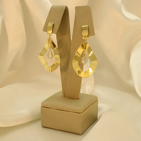 Brinco Gota Martelado com Zircônia Banhado a Ouro 18k