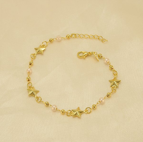 Pulseira com Pérola e Estrelas Folheado a Ouro 18k