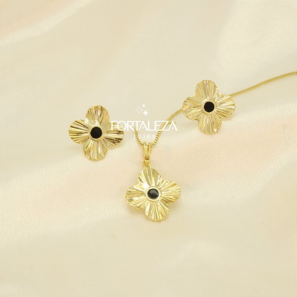 Conjunto de Flor Plissado Banhado a Ouro 18k