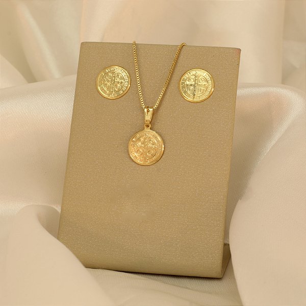 Conjunto Oração de São Bento Banhado a Ouro 18k
