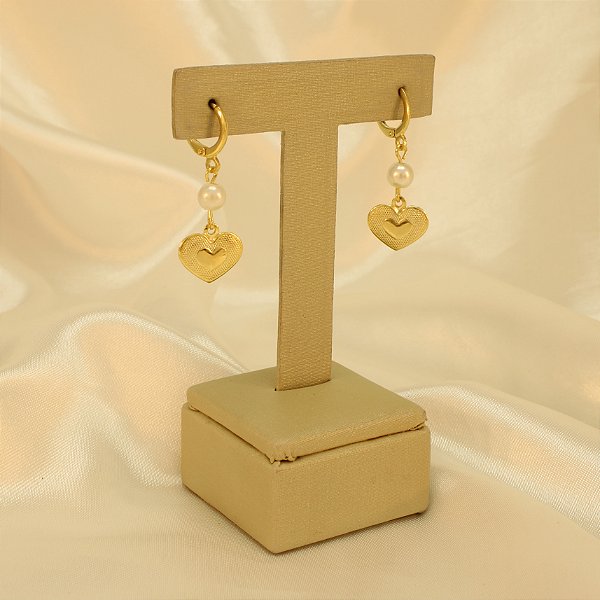 Brinco Argola Coração e Pérola Banhado a Ouro 18k