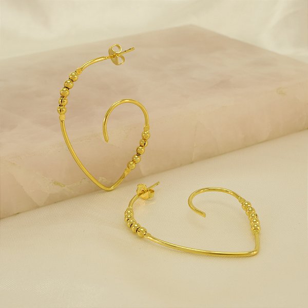 Brinco de Coração Aberto com Bolinha Banhado a Ouro 18k