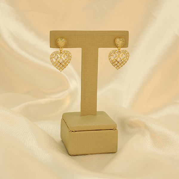 Brinco de Coração Cravejado Banhado a Ouro 18k