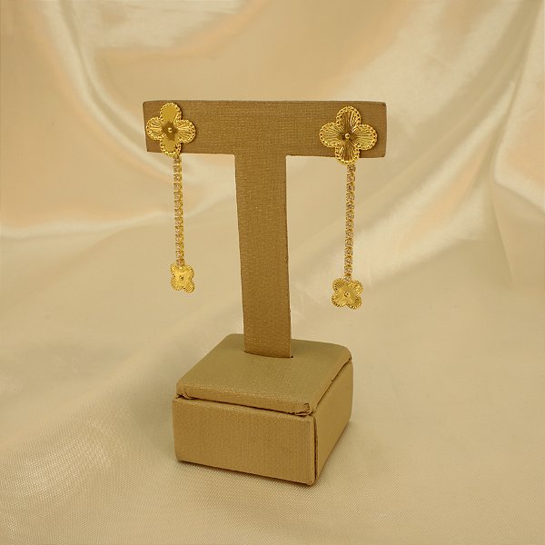 Brinco Ear Jacket Trevo com Fio Cravejado Banhado a Ouro 18k