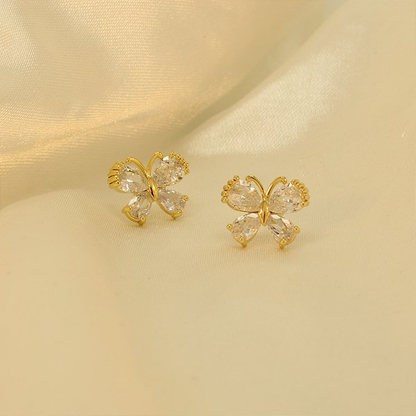 Brinco de Borboleta com Zircônia Cristal Banhado a Ouro 18k