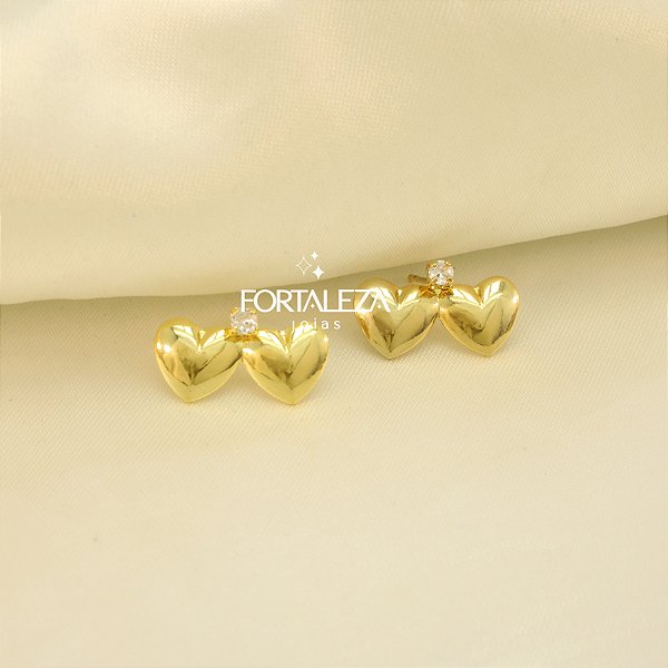 Brinco Coração Duplo Banhado a Ouro 18k