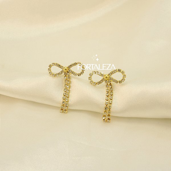 Brinco de Laço com Fio Cravejado em Zircônia Cristal Banhado a Ouro 18k