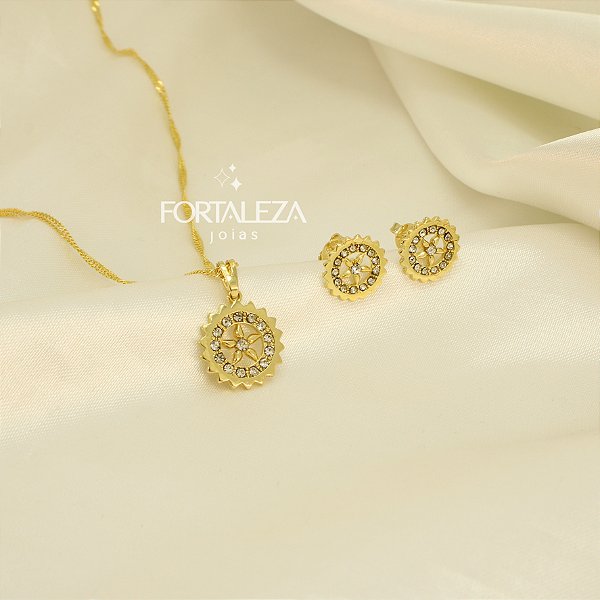 Conjunto Trabalhado em Zircônia Cristal Banhado a Ouro 18k