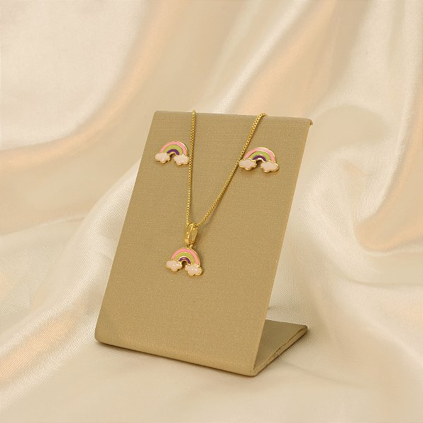 Conjunto Arco-íris Resinado e Banhado a Ouro 18k