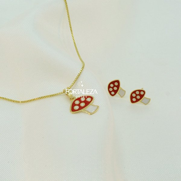 Conjunto Cogumelo Resinado Banhado em Ouro 18k