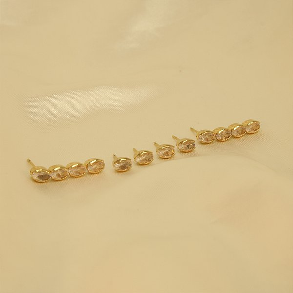 Brinco em Trio com Zircônia Cristal Banhado a Ouro 18k