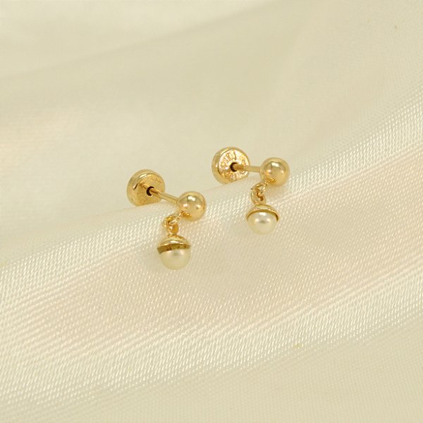 Brinco de Bolinha e Pérola Banhado a Ouro 18k