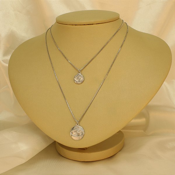 Gargantilha Dupla de Olho Grego Banhado a Ouro Branco