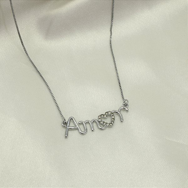 Gargantilha Escrito Amor com Zircônia Banhado a Ouro Branco