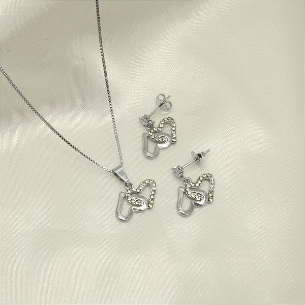 Conjunto de Corações Entrelaçados Banhado a Ouro Branco