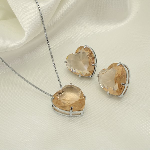 Conjunto de Coração com Zircônia Banhado a Ouro Branco