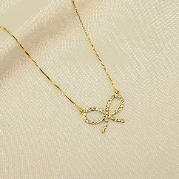 Gargantilha de Laço Cravejado em Zircônia Banhado a Ouro 18k